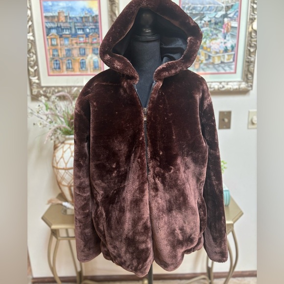 FHILLINUO BROWN PLUSH FUZZY FAUX FUR HOODED TEDDY BEAR JACKET COAT SZ L-XL NWT - Picture 6 of 11